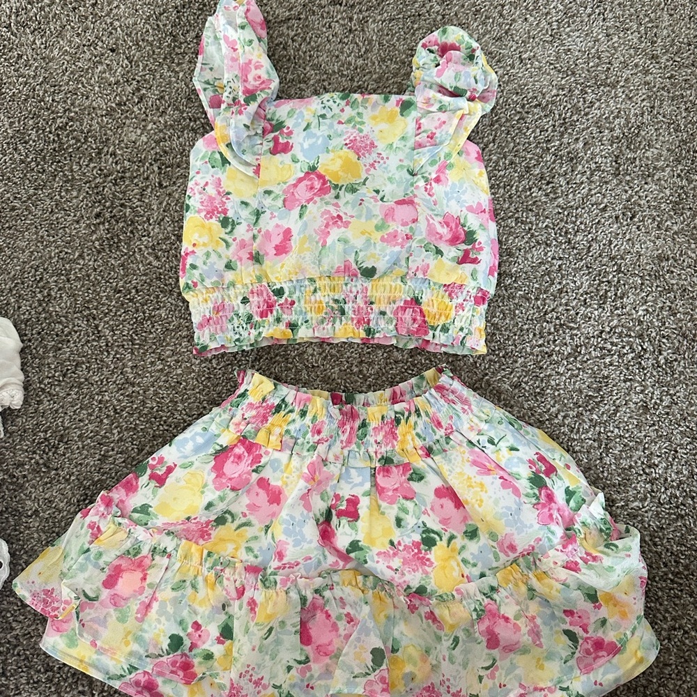 Janie and Jack Floral Skirt and Top Set - Pink, Yellow, Green